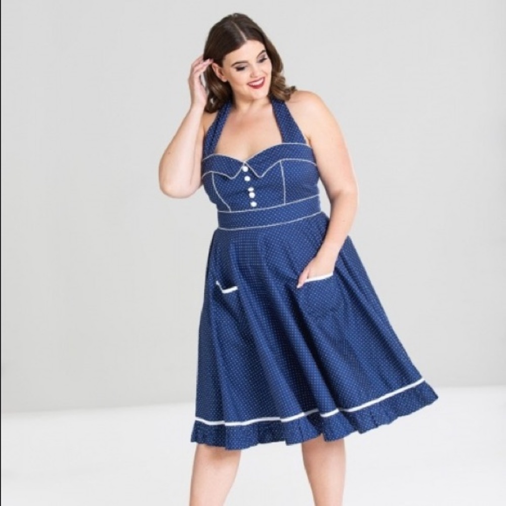 Hell Bunny Plus Blue Polka Dot Vanity Halter Dress